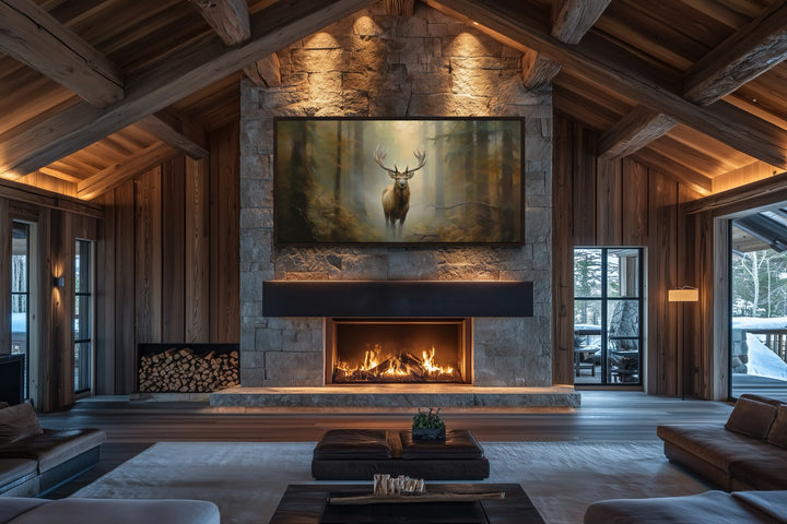 Large framed canvas wall art of a majestic elk in a foggy forest above a rustic stone fireplace.