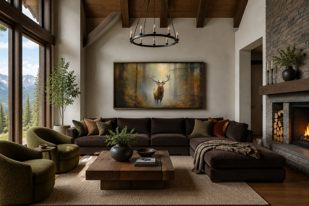 Large framed canvas wall art of a majestic elk in a foggy forest above a brown sectional sofa.