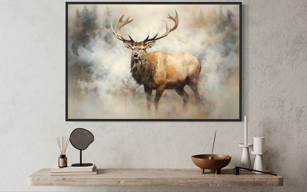 Elk In Smokey Forest Canvas Wall Art close up