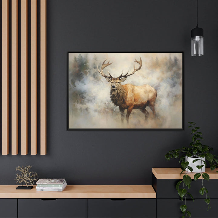 Elk In Smokey Forest Framed Rustic Canvas Wall Art