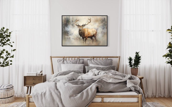 Elk In Smokey Forest Framed Rustic Canvas Wall Art