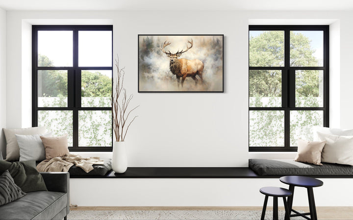 Elk In Smokey Forest Framed Rustic Canvas Wall Art