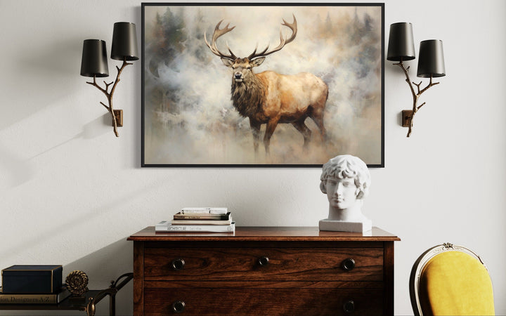 Elk In Smokey Forest Framed Rustic Canvas Wall Art