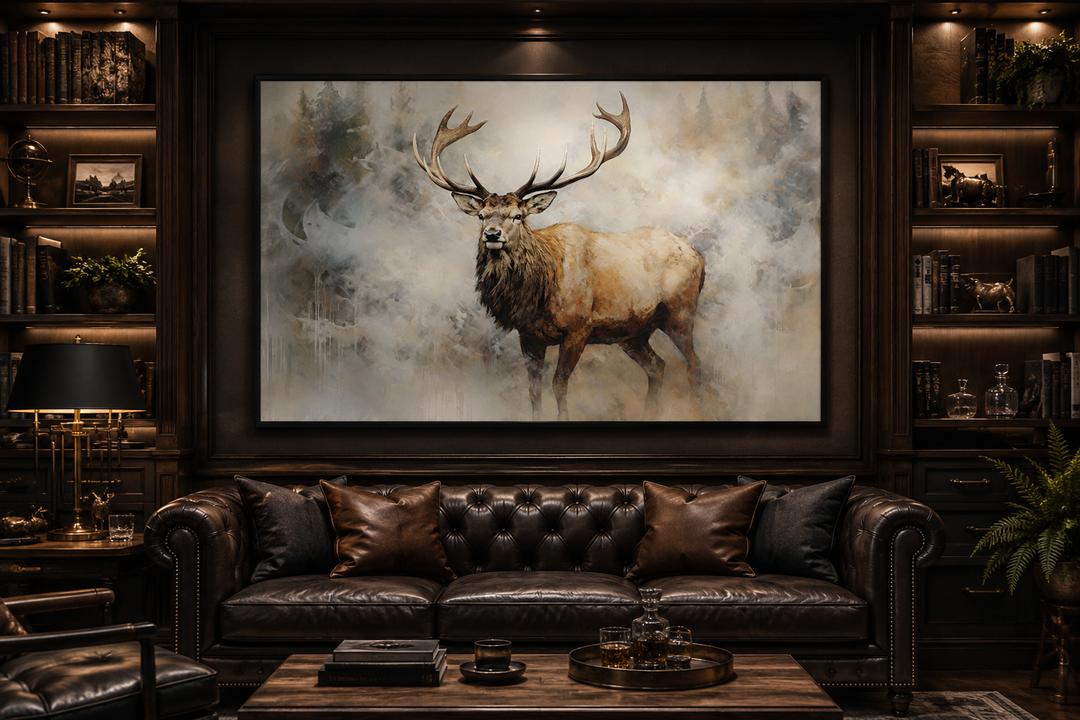 Large canvas wall art of a majestic elk in a misty forest above a leather sofa in a cabin setting.