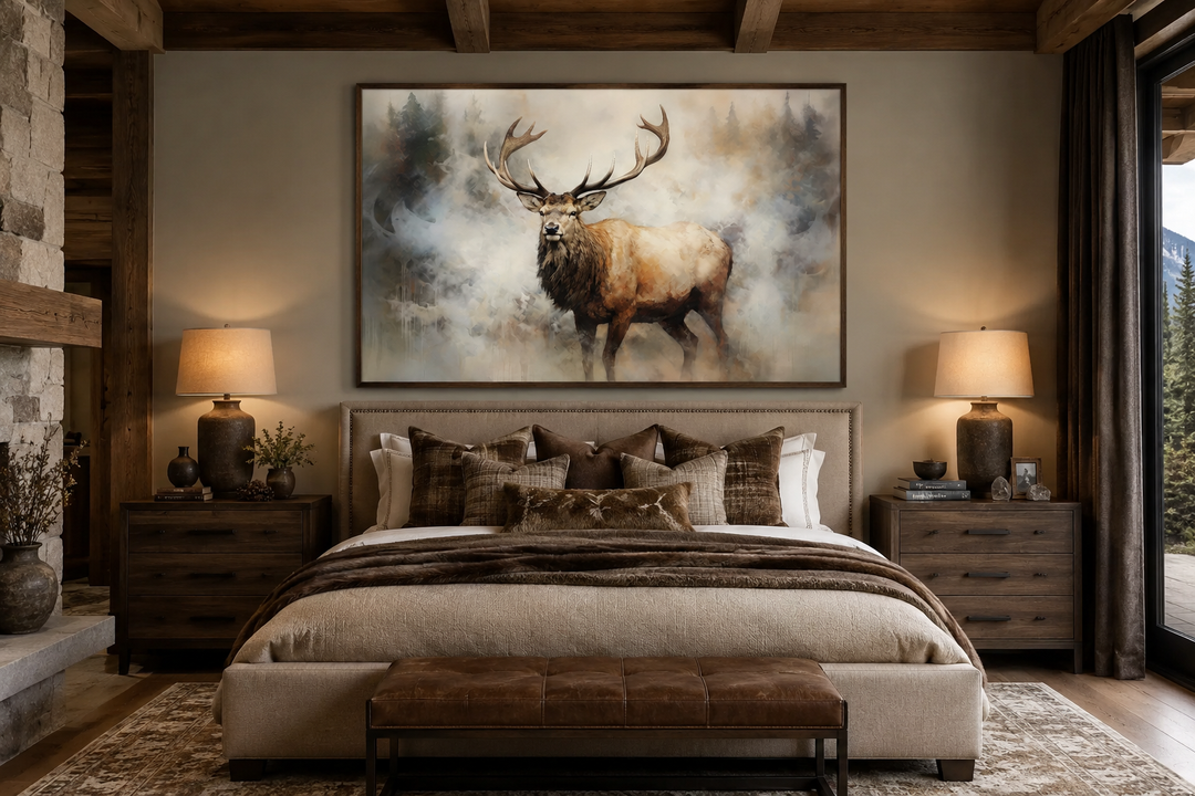 Large framed canvas art of an elk in a smoky forest hanging above a bed in a rustic cabin bedroom.