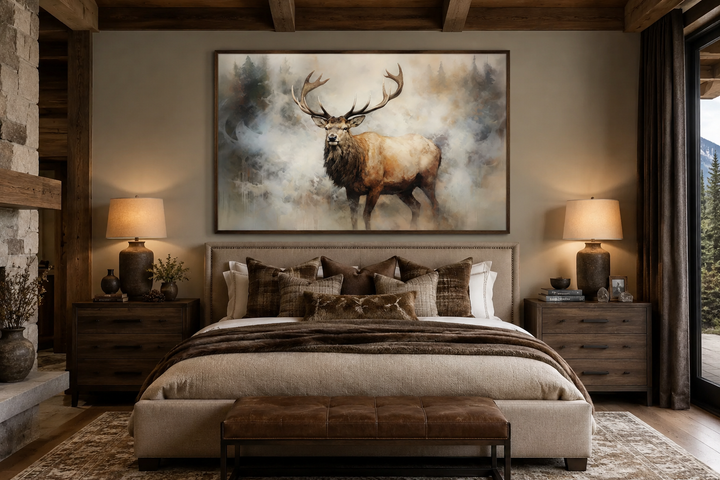 Large framed canvas art of an elk in a smoky forest hanging above a bed in a rustic cabin bedroom.