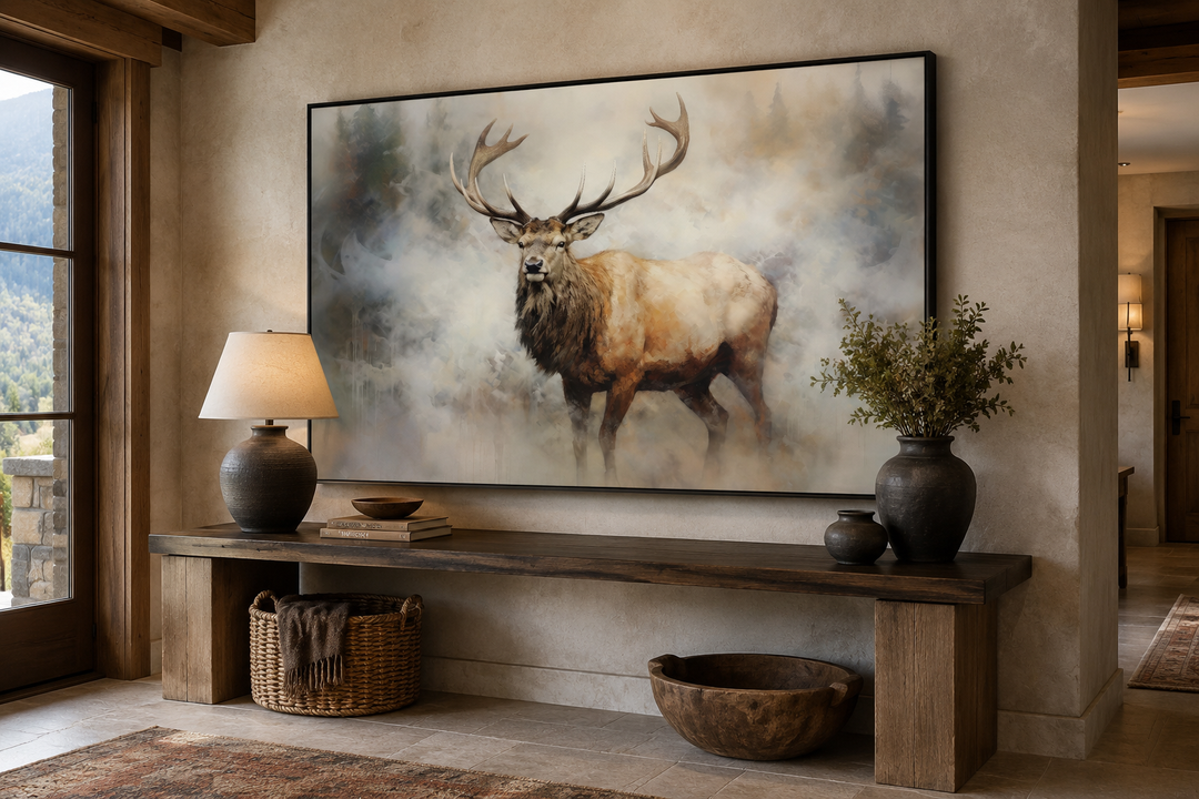 Large framed canvas wall art of a majestic elk in a misty, smoky forest above a wooden console.