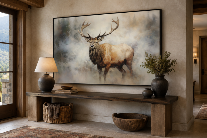 Large framed canvas wall art of a majestic elk in a misty, smoky forest above a wooden console.