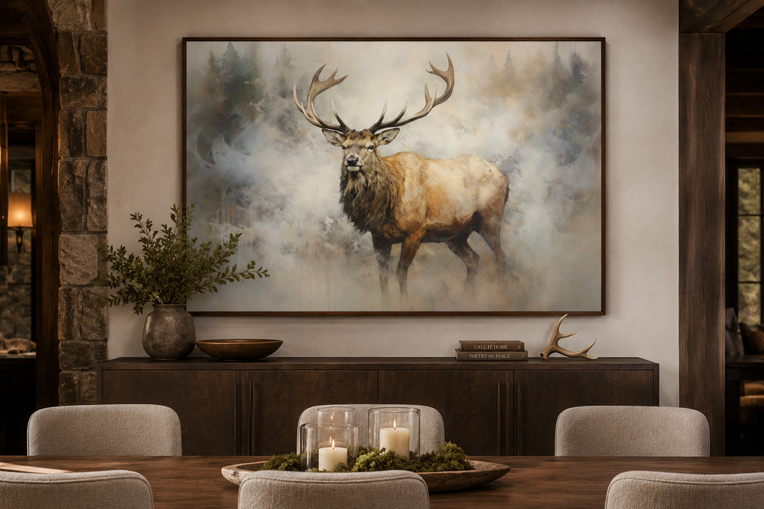 Large framed canvas wall art of a majestic elk in a misty, smoky forest above a wooden sideboard.