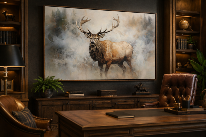 Elk in smokey forest canvas wall art hanging in a dark wood paneled office above a sideboard.