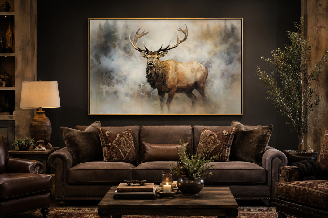 Large canvas wall art of a majestic elk in a smoky forest above a brown sofa in a rustic living room