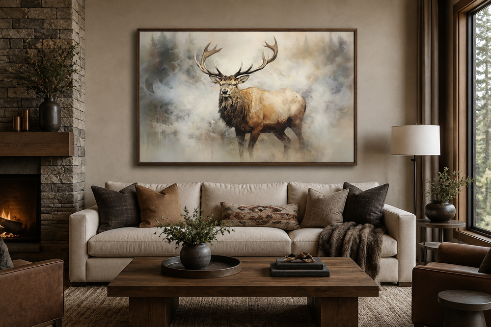 Majestic elk in a smoky forest canvas wall art above a sofa in a rustic cabin living room.