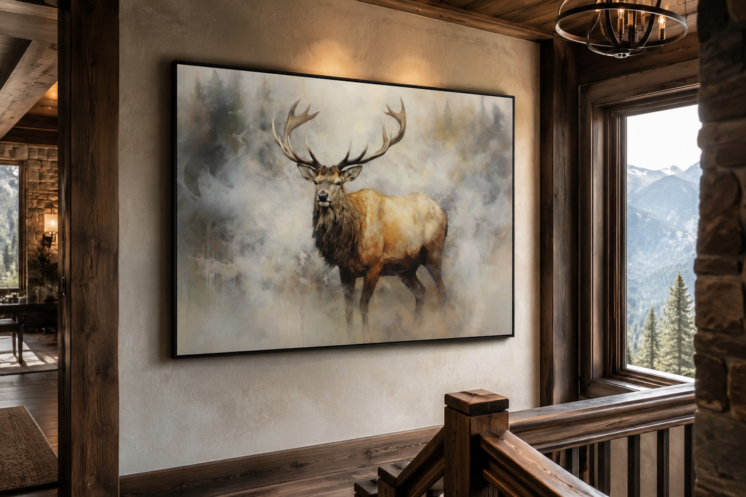 Large framed canvas wall art of a majestic elk in a misty forest, hung in a rustic cabin interior.