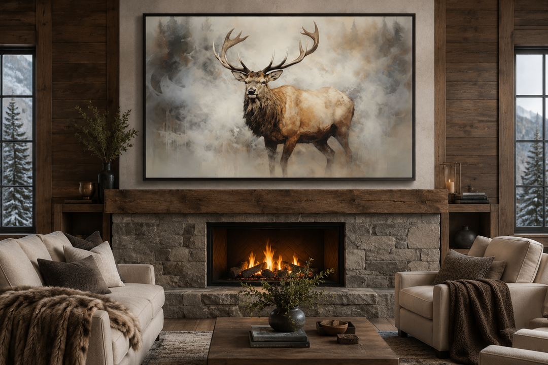 Framed elk canvas wall art above a stone fireplace in a rustic cabin living room.