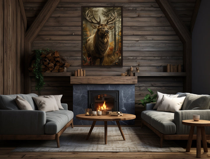 Elk In The Forest Framed Canvas Wall Art