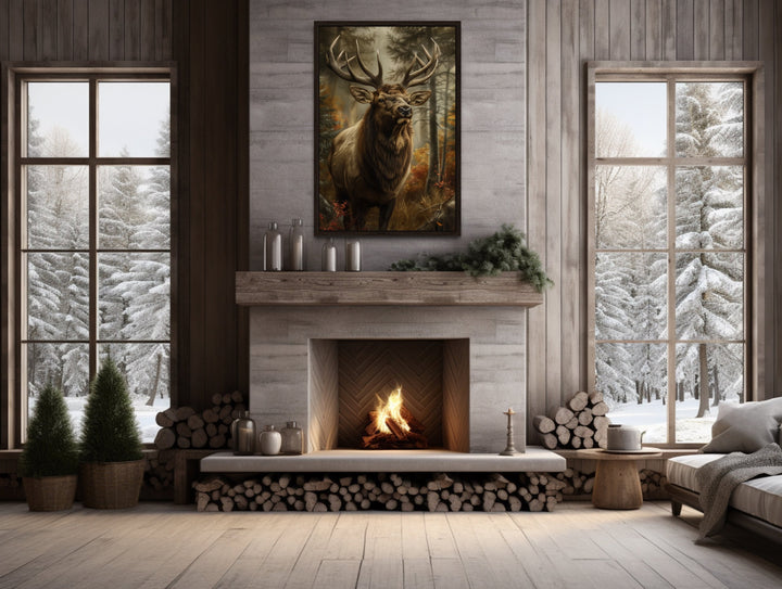 Elk In The Forest Framed Canvas Wall Art