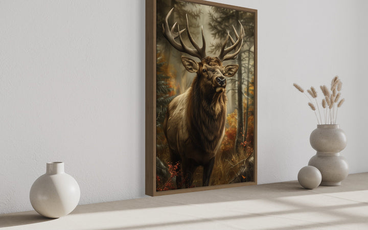 Elk In The Forest Framed Canvas Wall Art