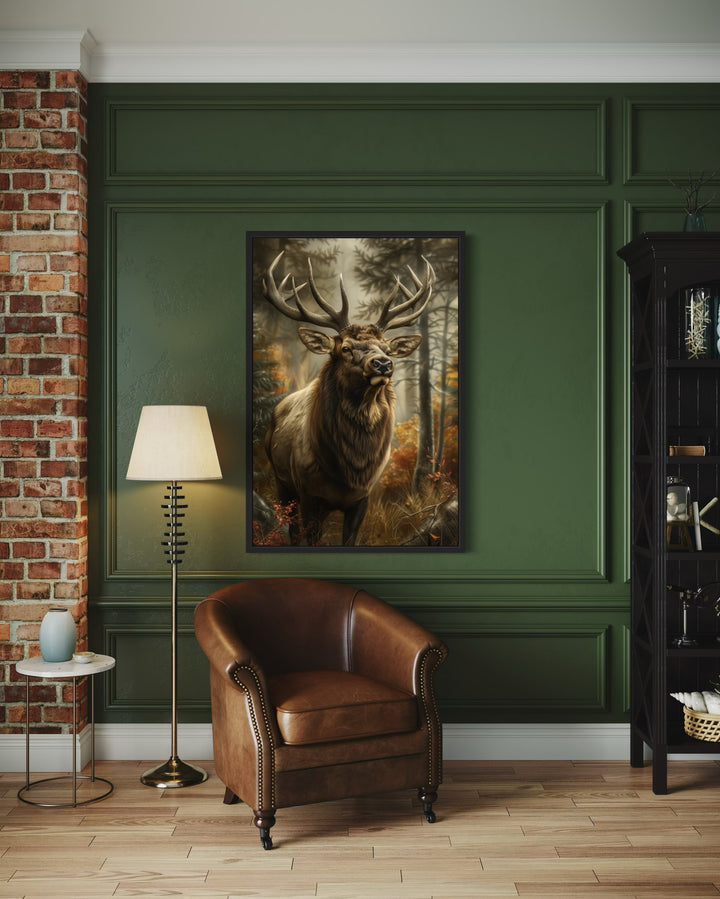 Elk In The Forest Framed Canvas Wall Art