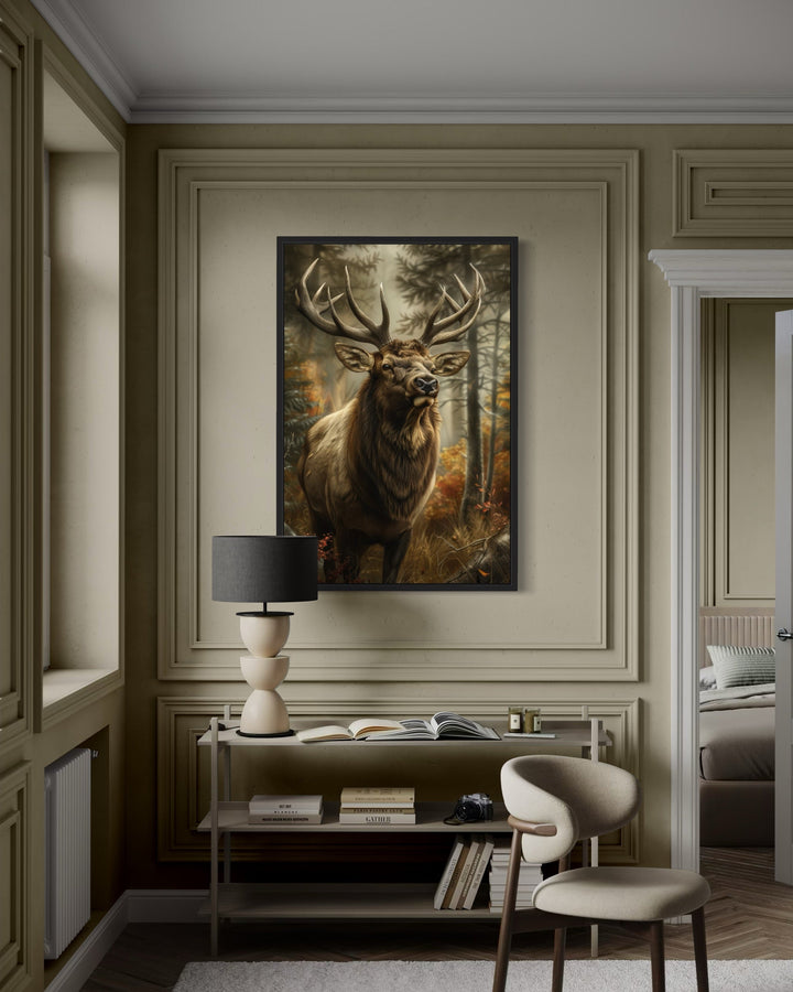 Elk In The Forest Framed Canvas Wall Art