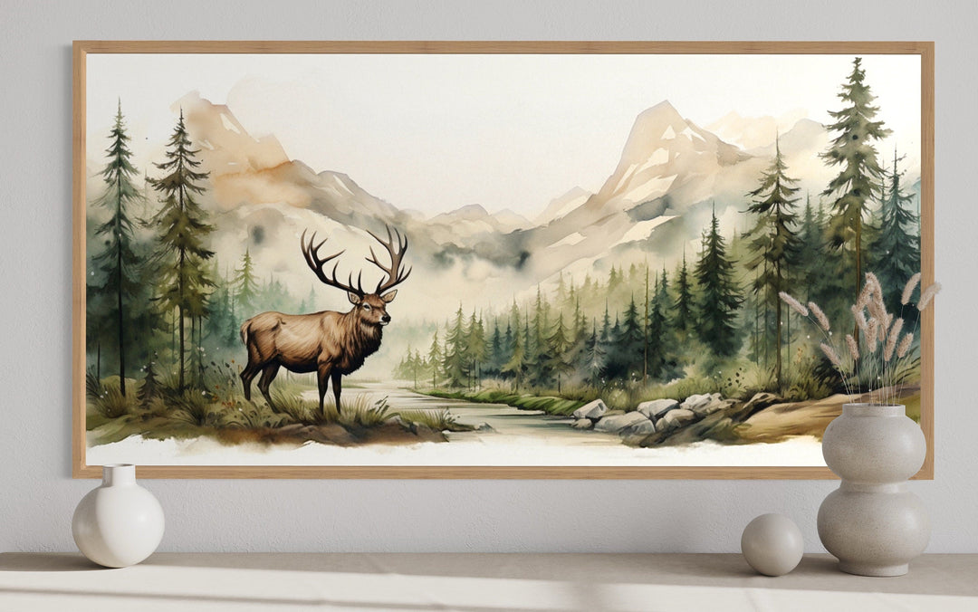 Elk In The Mountain Forest Watercolor Framed Canvas Wall Art