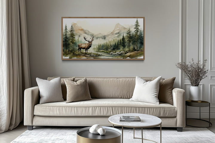 Elk In The Mountain Forest Watercolor Framed Canvas Wall Art
