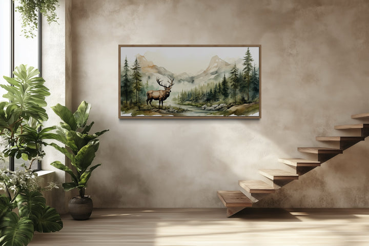 Elk In The Mountain Forest Watercolor Framed Canvas Wall Art