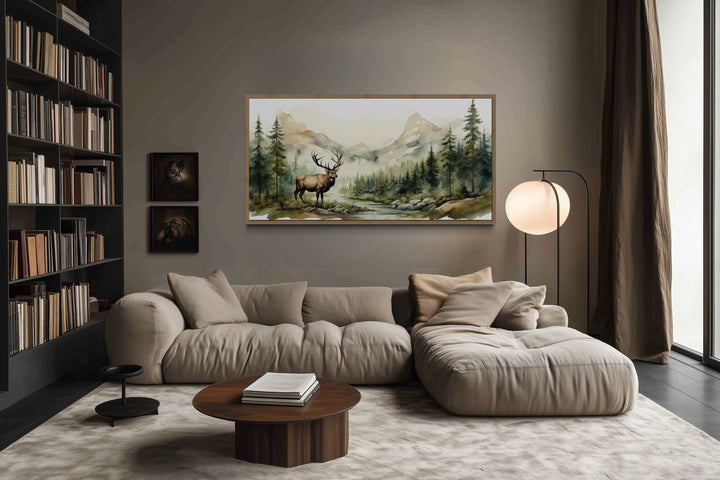 Elk In The Mountain Forest Watercolor Framed Canvas Wall Art