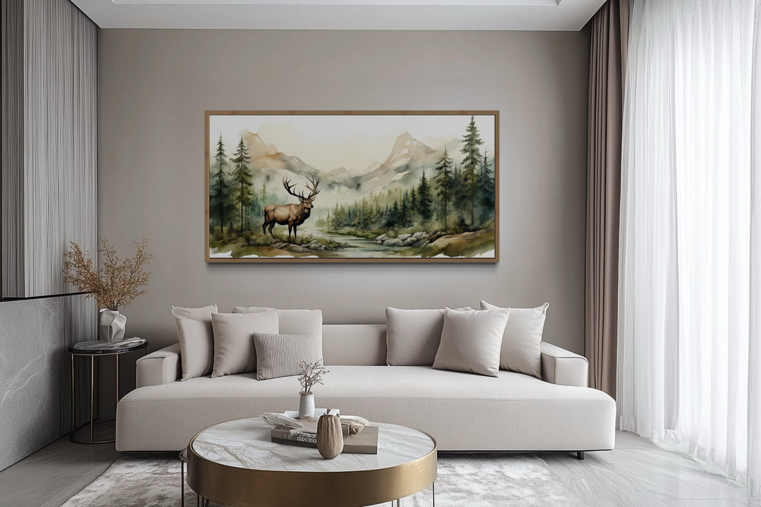 Elk In The Mountain Forest Watercolor Framed Canvas Wall Art