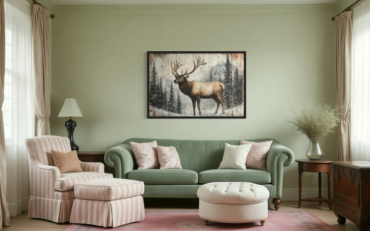 Elk In Winter Fir Tree Forest Painted On Wood Rustic Framed Canvas Wall Art For Cabin Decor