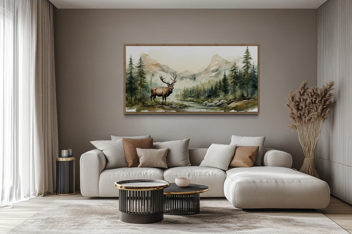 Elk Mountain Forest Art – Watercolor Wall Art | Framed Canvas Print for Rustic Cabin Decor