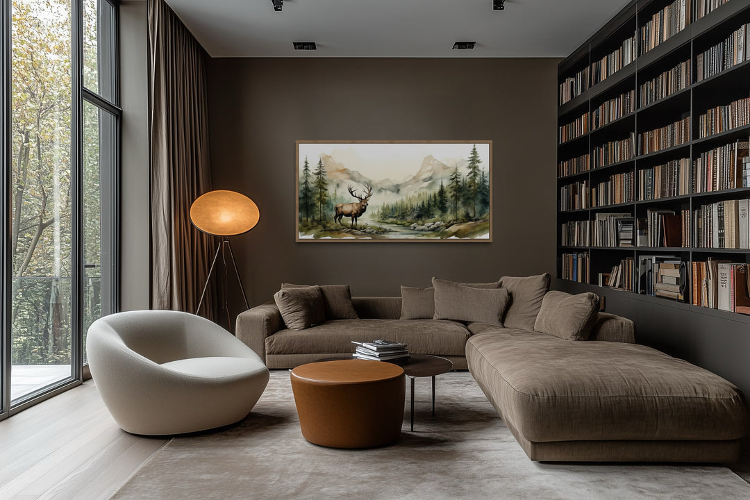 Elk Mountain Forest Art – Watercolor Wall Art | Framed Canvas Print for Rustic Cabin Decor