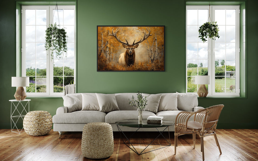 Elk Portrait In Autumn Forest Framed Canvas Wall Art in green room