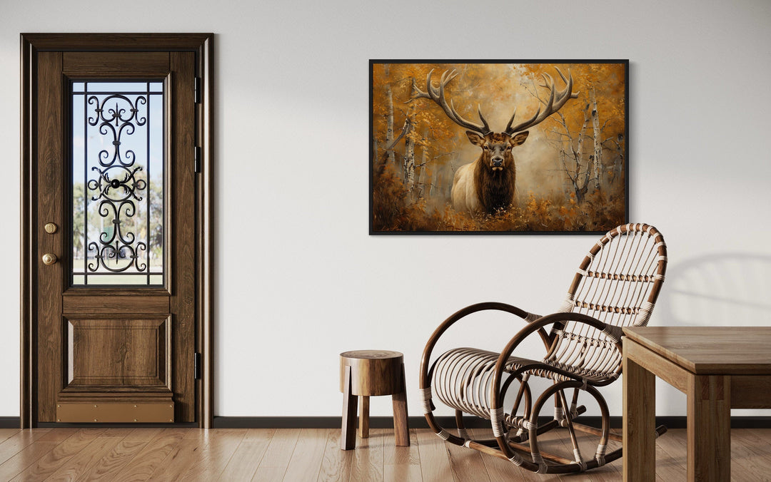 Elk Portrait In Autumn Forest Framed Canvas Wall Art