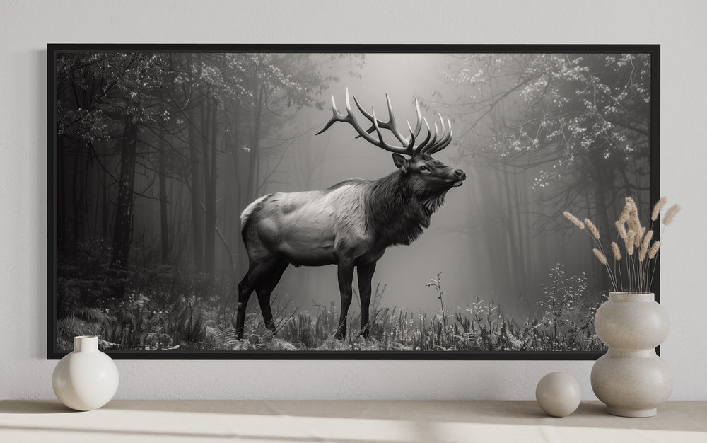 Wall Art For Men - Elk Stag In The Forest Black White Photography Framed Canvas Wall Art