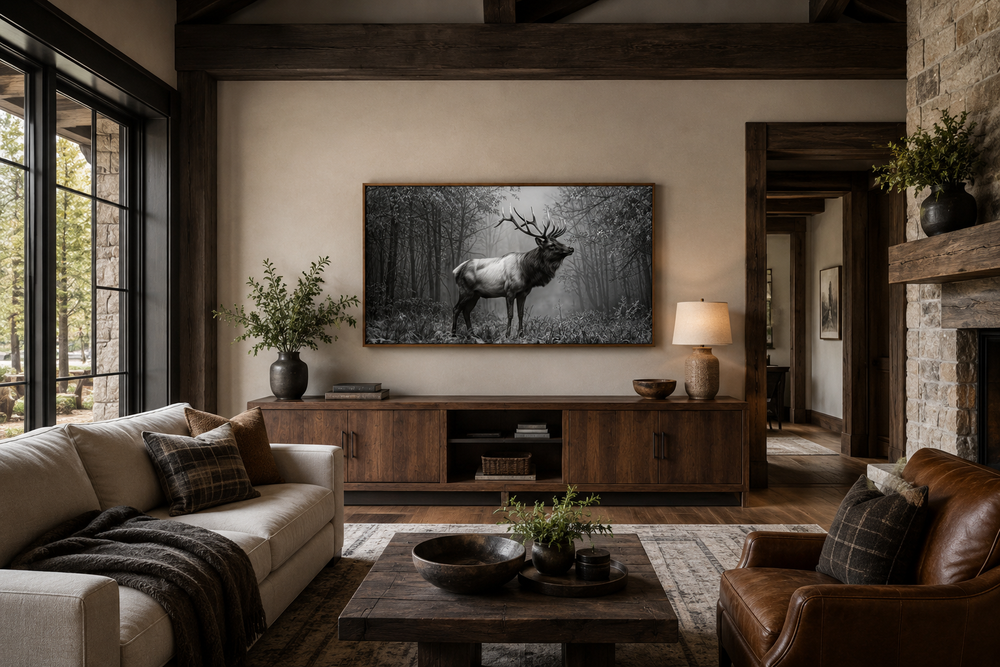 Elk stag in the forest black and white photography framed canvas wall art in a rustic living room.