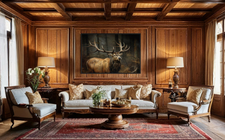 Framed canvas wall art of an elk with large antlers in a forest, hanging in a wood-paneled room.