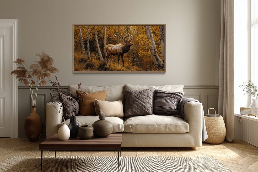 Elk in Autumn Birch Forest Framed Canvas Wall Art