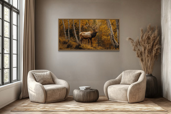 Elk in Autumn Birch Forest Framed Canvas Wall Art