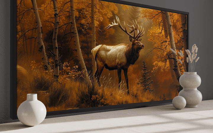 Elk in Autumn Forest Framed Canvas Wall Art