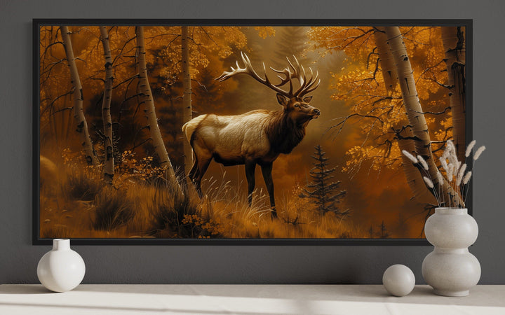 Elk in Autumn Forest Framed Canvas Wall Art