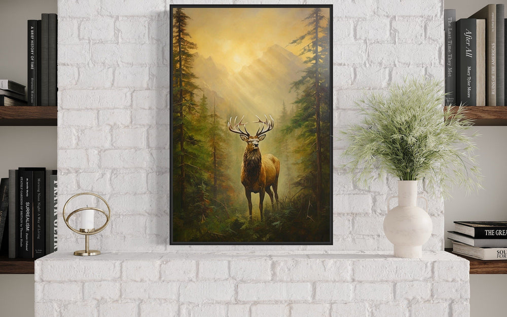 Rustic Cabin Wall Decor - Elk in Fir Tree Forest At Sunrise Framed Canvas Wall Art