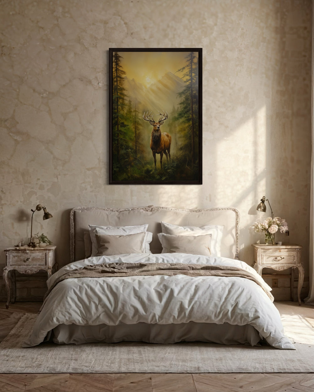 Elk in Fir Tree Forest At Sunrise Framed Canvas Wall Art