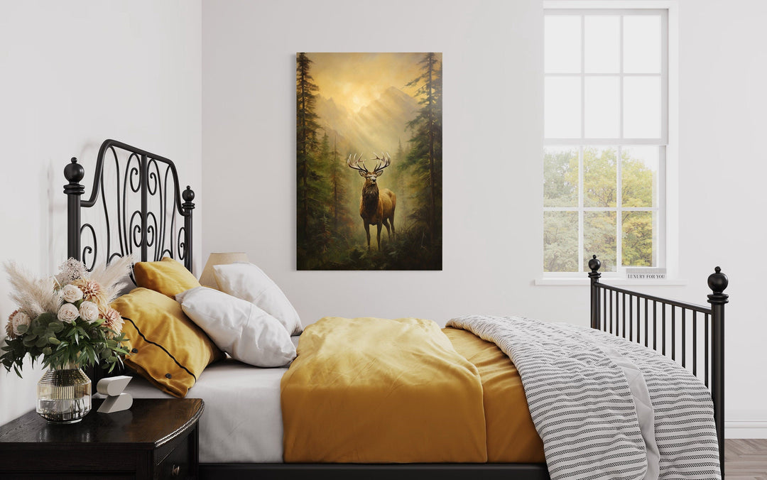 Elk in Fir Tree Forest At Sunrise Framed Canvas Wall Art