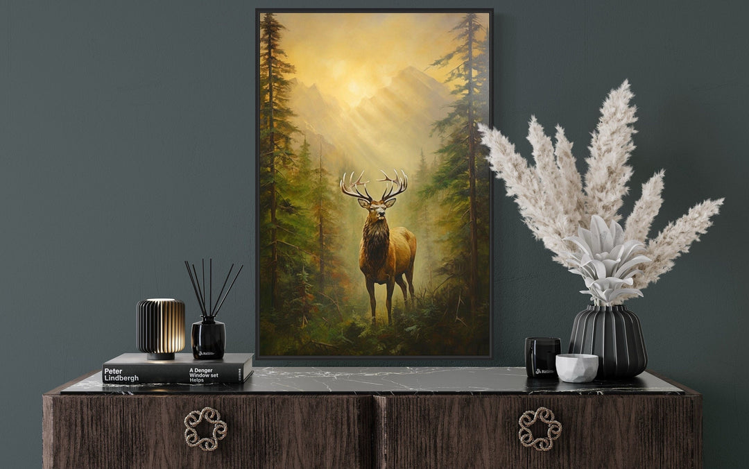 Rustic Cabin Wall Decor - Elk in Fir Tree Forest At Sunrise Framed Canvas Wall Art