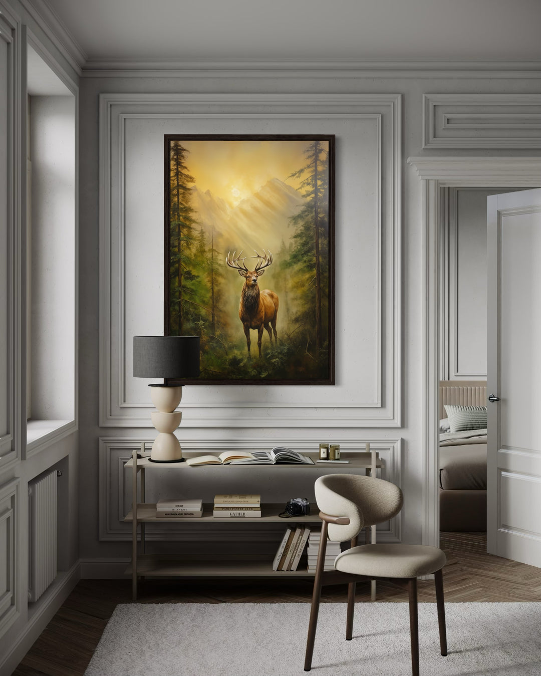 Elk in Fir Tree Forest At Sunrise Framed Canvas Wall Art