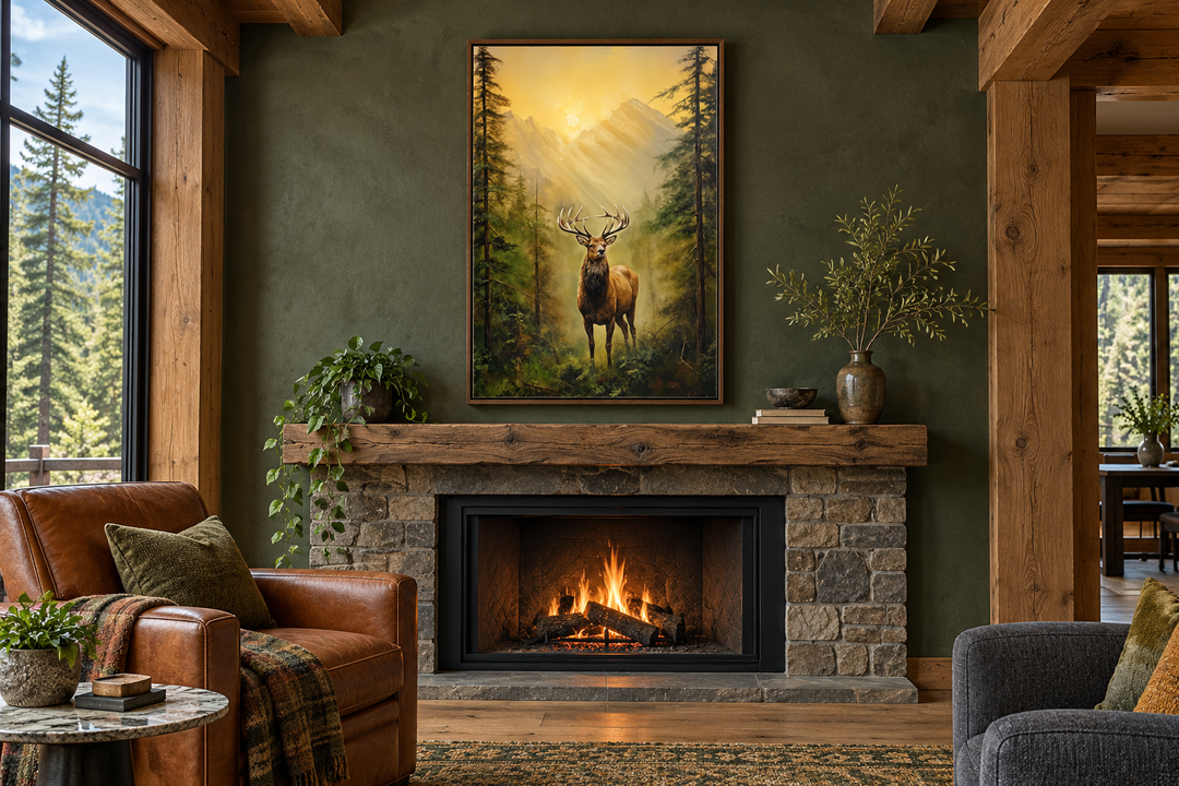 Elk in Fir Tree Forest At Sunrise Framed Canvas Wall Art hanging above a rustic stone fireplace.