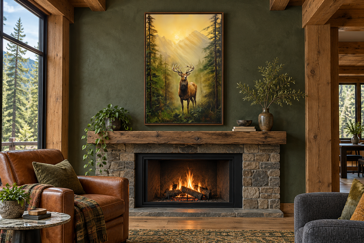 Elk in Fir Tree Forest At Sunrise Framed Canvas Wall Art hanging above a rustic stone fireplace.