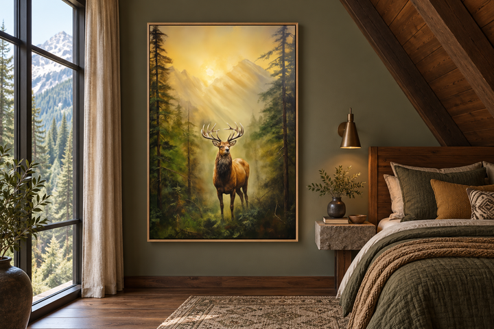 Framed canvas wall art of a majestic elk in a misty fir forest at sunrise, hung in a cozy bedroom.