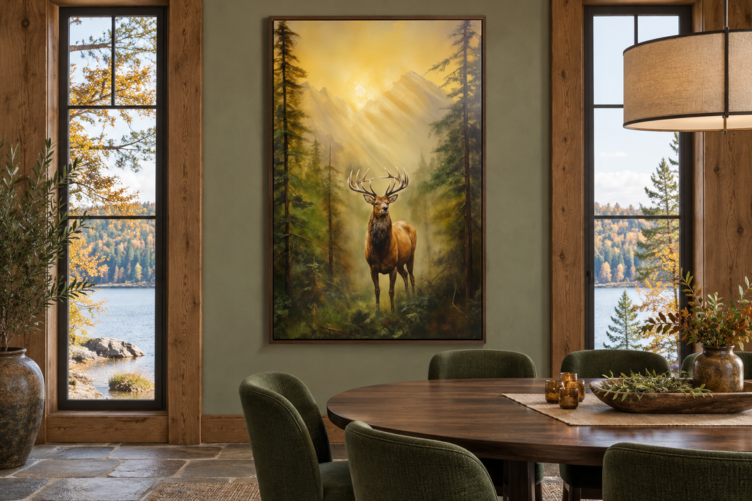 Framed canvas wall art of a majestic elk in a fir tree forest at sunrise in a dining room.