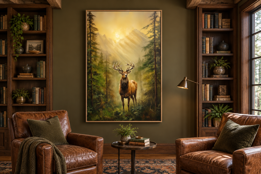 Elk in Fir Tree Forest At Sunrise Framed Canvas Wall Art hanging in a rustic library setting.